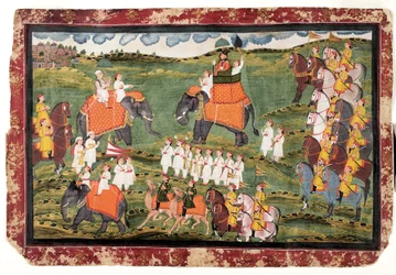 Oberst James Tod und Guru Gyanchandra reiten auf Elefanten in der Nähe von Udaipur, Oktober 1822